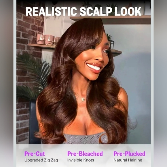 Megalook 26 Inch  Brown Wavy Human Hair Wig - Picture 5 of 14